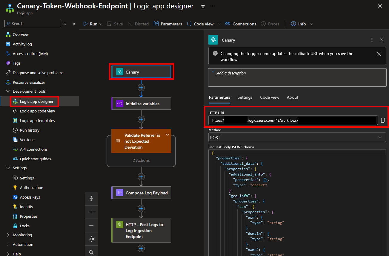 The Logic App designer view highlighting the location of the webhook URL to use in the next step. It is located in the trigger, labeled Canary, and is in the field HTTP URL.