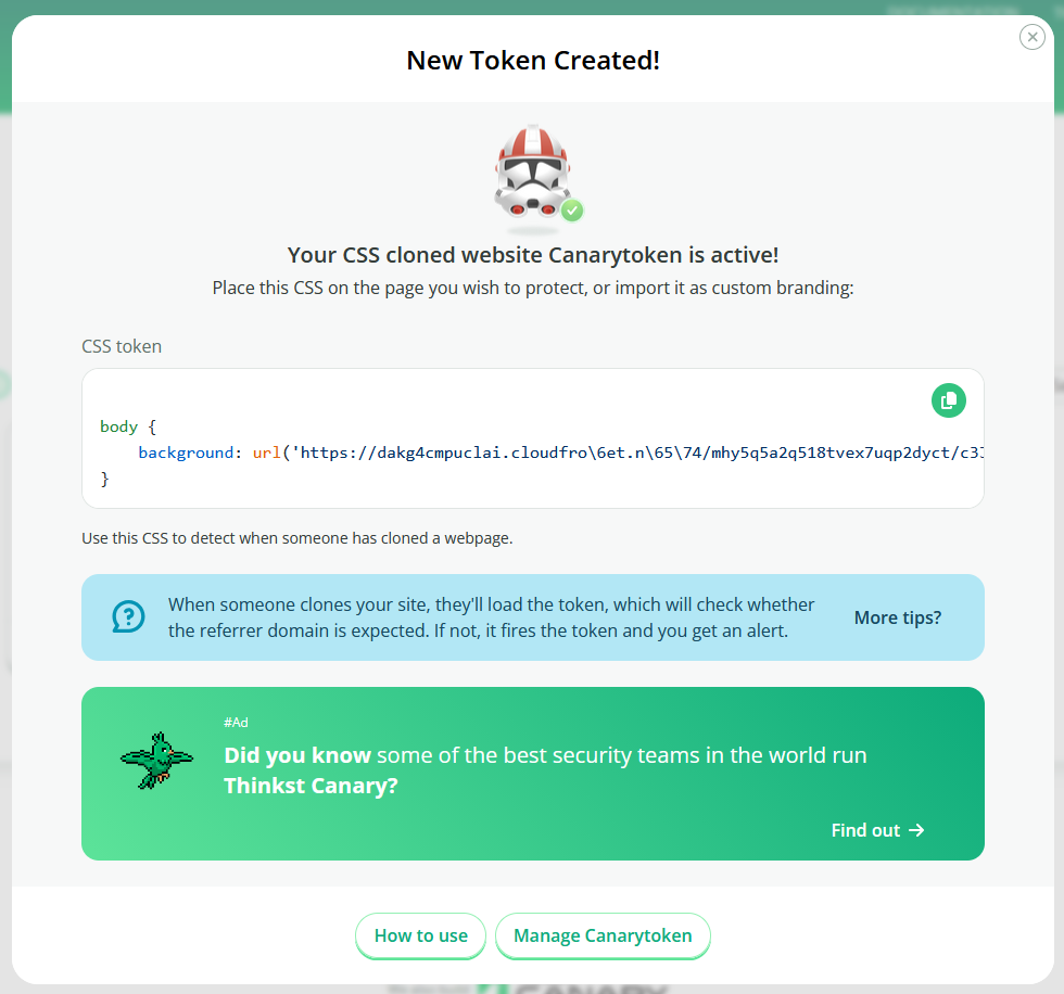 Confirmation page reading 'Your CSS cloned website Canarytoken is active!'. It shows a CSS snippet setting the body background to an image on AWS CloudFront and includes links for additional documentation.