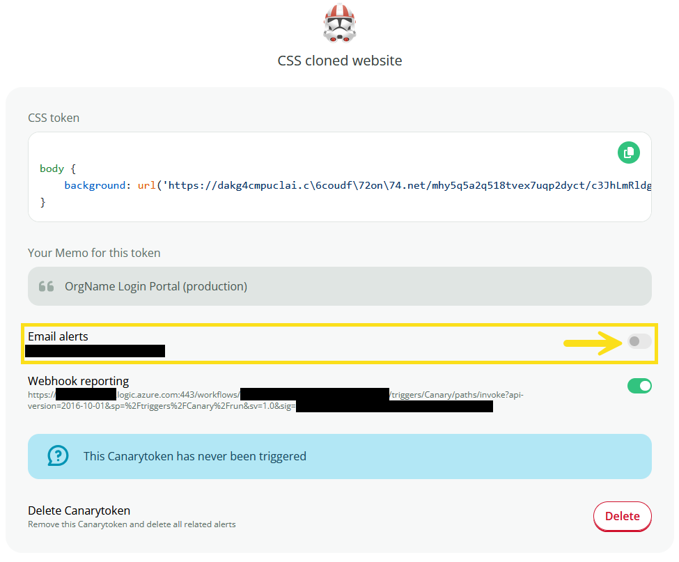 The dialog to manage tokens within the Canary Tokens portal highlighting the 'Email alerts' setting, which is toggled to 'off'