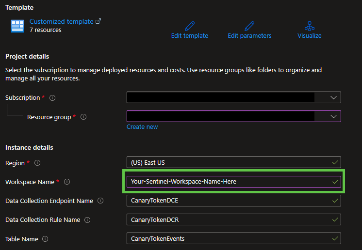 ARM template project details including the subscription and resource group in which deployment will occur; includes instance details like region, workspace name, data collection endpoint + rule names, and table name.