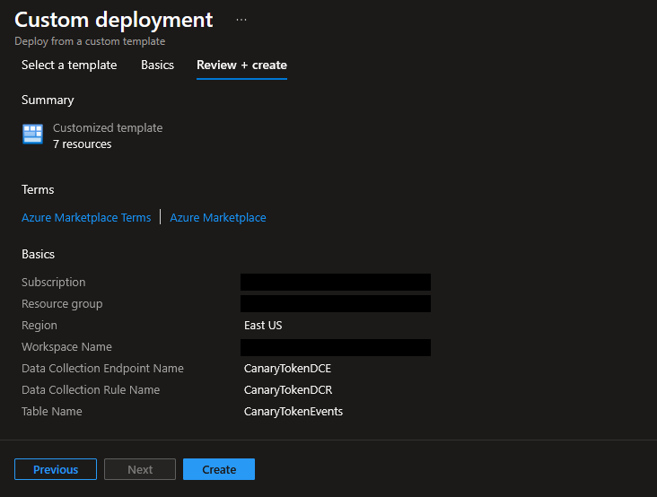 Summary view showing what parameters were set to create 7 Azure resources.