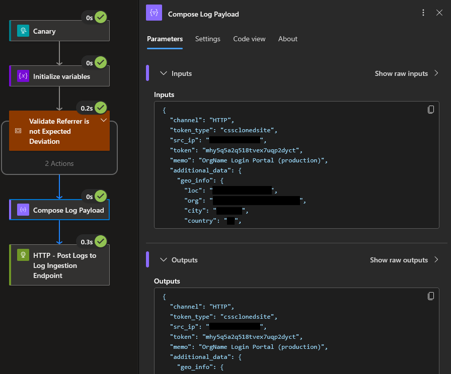 A screenshot of the Logic App run history 'Compose Log Payload' step, which shows that the Canary Token payload details like Channel, Token Type, Source IP address, token ID, memo, and additional IP information are present.