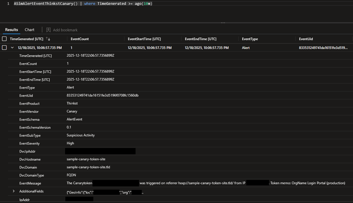 A screenshot of Microsoft Sentinel's log view, showing a parsed Canary Token log with normalized field names.