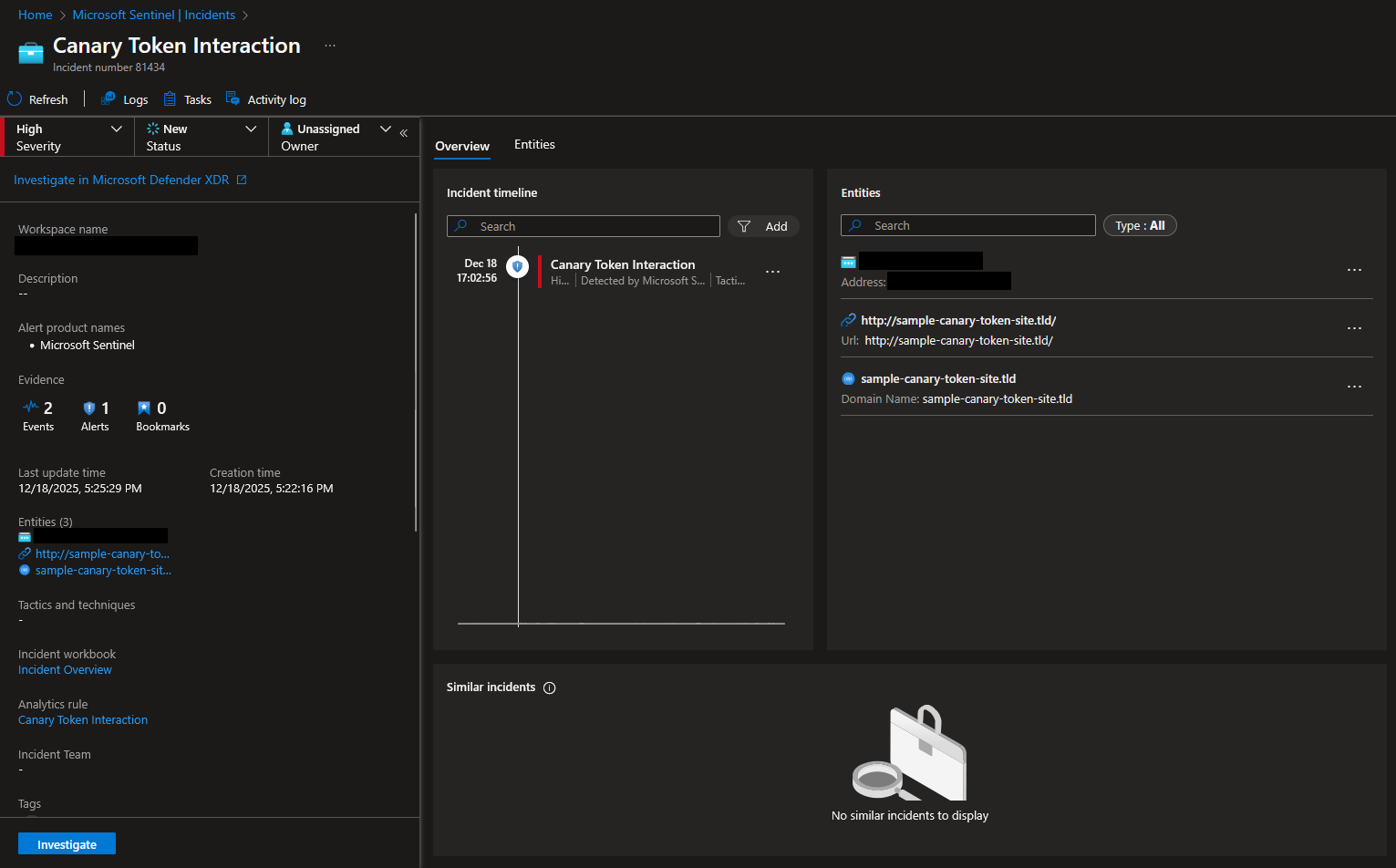 A sample Microsoft Sentinel alert for Canary Token Interaction. It includes entities for the domain and URL associated with the potential adversary infrastructure and (redacted) source IP address.