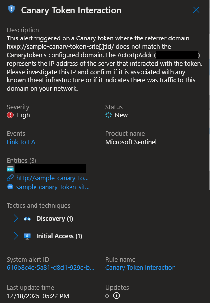 A close-up screenshot of the description and entity information of the incident shown in the previous screenshot.