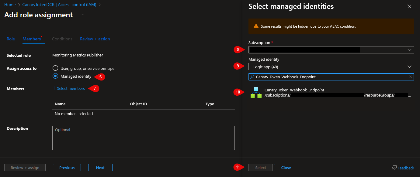 Shows the Assign access to value set to Managed identity, and the dialog for selecting the Logic App system assigned managed identity; the Canary-Token-Webhook-Endpoint Logic App is selected.