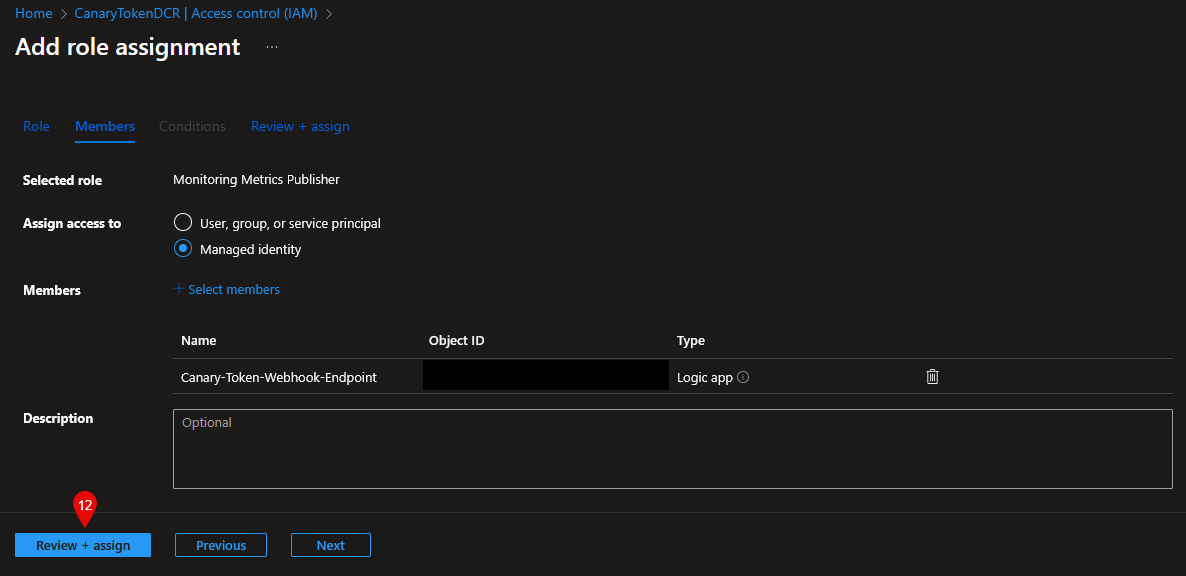 The role member selection page after the Logic App has been selected, with the Review + assign button highlighted.