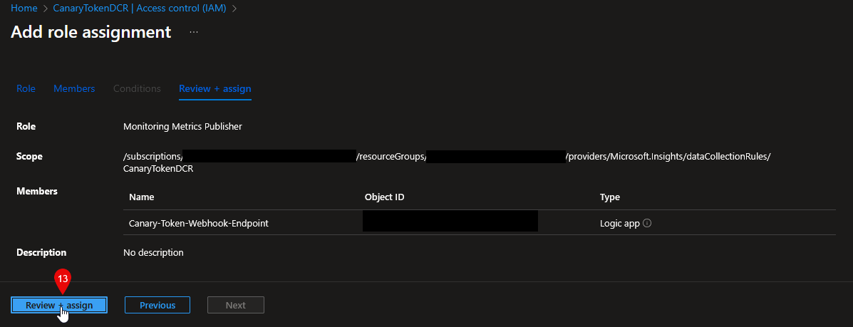 The Add role assignment Review + assign page showing the assignment to be created, with the final confirmation button highlighted.