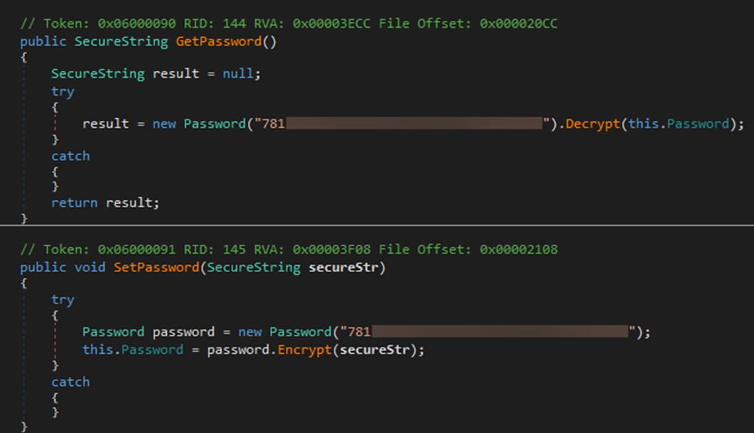 Observing hardcoded encryption keys in GetPassword and SetPassword functions