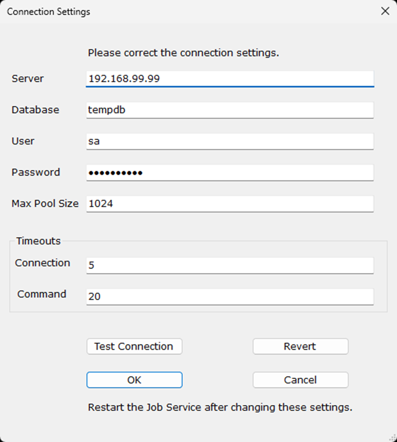 Viewing the masked password in the Connection Settings window