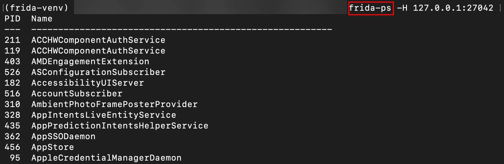 Frida-ps running in terminal