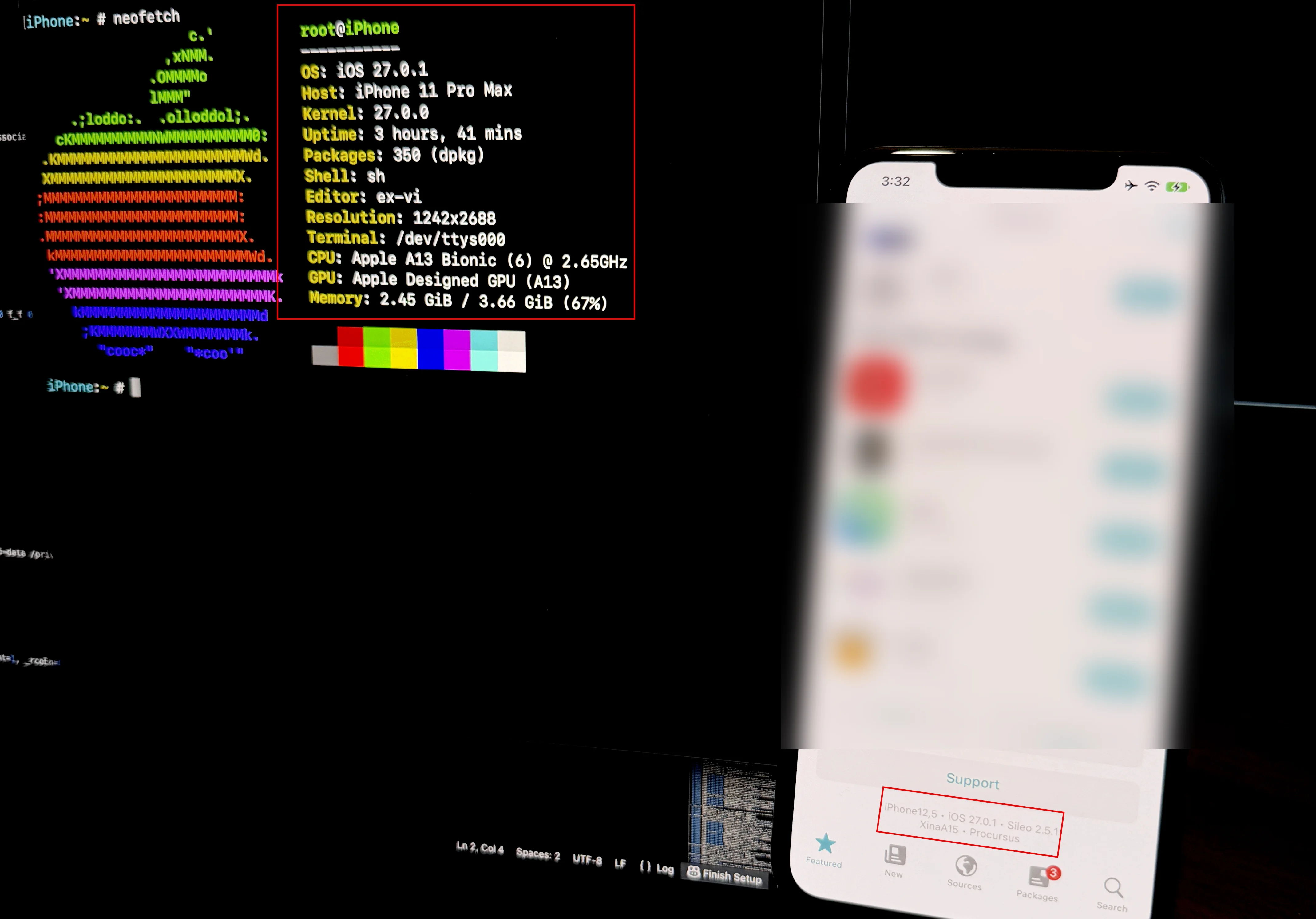 Device in native iOS environment with Sileo version and ability to run neofetch