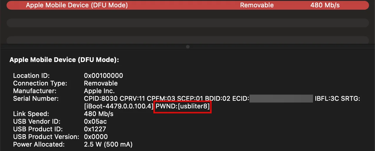 System information showing PWND and usbliter8