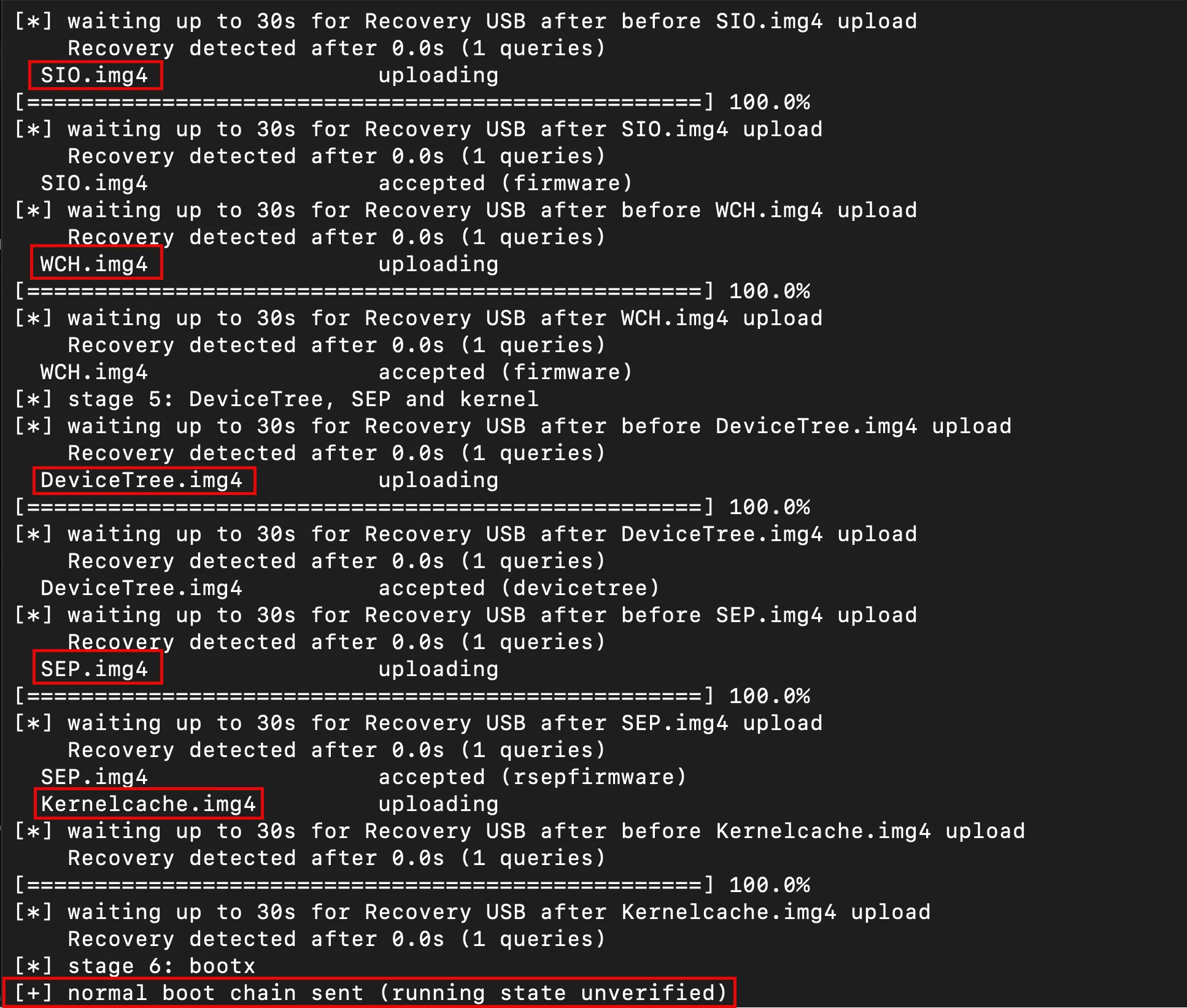 Terminal output of device bootchain