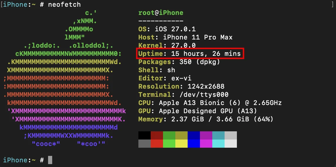 Neofetch displaying over 15 hrs of device uptime
